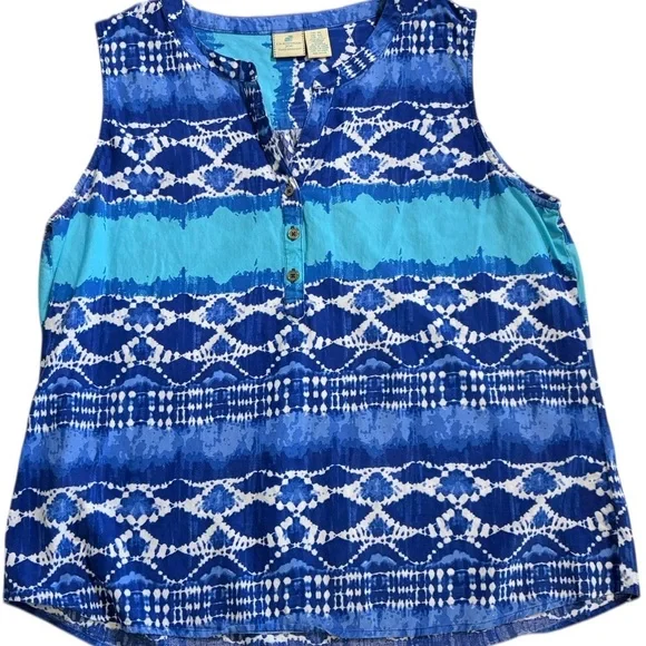 Sleeveless Resort Wear Blue Patterned Henley Top Size XL - Picture 7 of 7